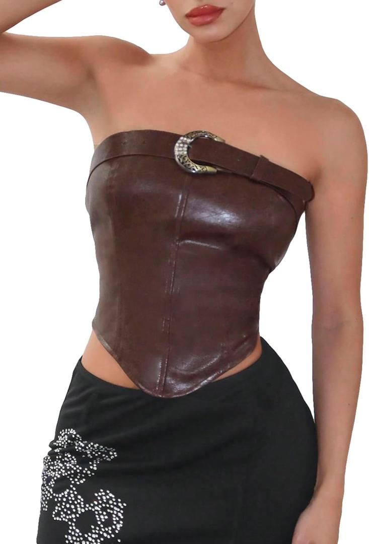 OYOANGLE Women's Buckle Detail Strapless Tube Top Asymmetrical Hem Pu Leather Crop Tank Tops Small 