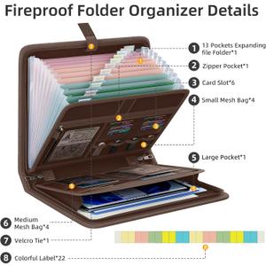 Huolewa Fireproof Accordion File Organizer, Portable Expanding File Folder with Waterproof Zipper&Labels, Brown Document Organizer with 13 Pockets, File Organizer for Important Document/Paper Storage