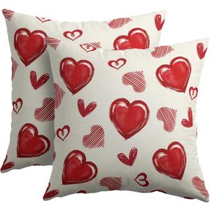 2 x Valentines Day Pillow Covers 18x18 Set of 2 Beige Red Heart Throw Pillow Covers Love Pillowcase Linen Decoration Farmhouse Holiday Cozy Soft Cushion Case Couch for Indoor Outdoor Home Decor