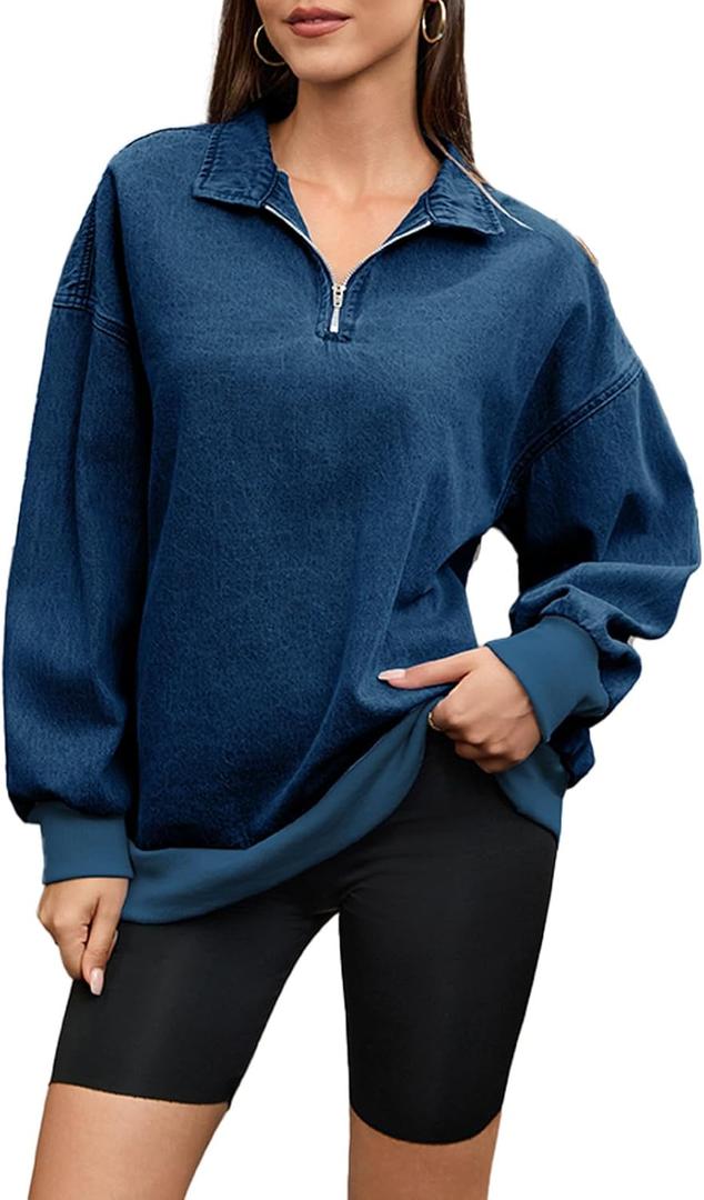Women's Half Zip Denim Sweatshirts Fashion Long Sleeve Shirt Jean Pullover Hoodies (Large, Dark Blue)
