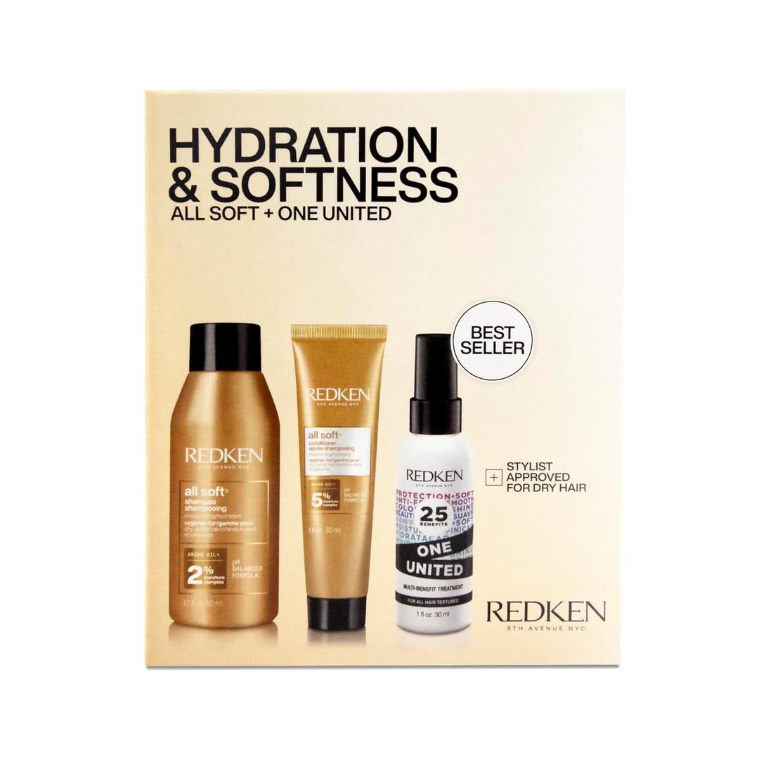 Redken All Soft Mini Kit Moisturizing Shampoo, Conditioner & Leave In Treatment with Argan Oil for Soft, Hydrated Hair, Travel Size