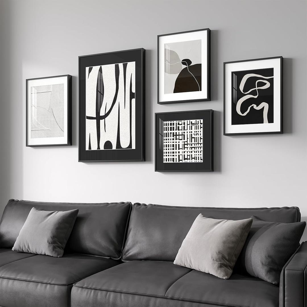 Framed Black and White Abstract Wall Art for Living Room, 5 Piece Modern Prints Paintings Artwork for Walls, Minimalist Black White Pictures for Hallway, Dining Room, Bedroom, Home Office Wall Decor, 12x16", 16x24", 11x14" , 12x12"
