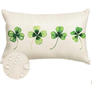2 x St Patricks Day Lucky Clover White Outdoor Waterproof Throw Pillow Cover,12x20 Inch Shamrock Green Spring Lumbar Cushion Case Decoration for Sofa Couch Patio
