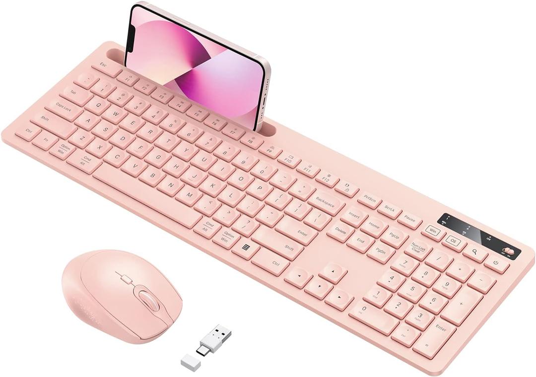 Wireless Keyboard and Mouse for MacBook, Vivefox Pink Rose Wireless Keyboard with Phone Holder, USB A & Type C Receiver, Full-Size Combo for Mac, MacBook/Air/Pro Windows PC Computer