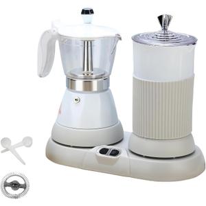 Espresso Maker with Milk Frother Electric Moka Pot 2-in-1 Espress Machine Aluminium One-Touch Operation Milk Froth Fine and Dense White 110V