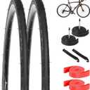Yeesport 700 x 25c Road Bike Tires, 2 Pack Folding 700x25c Tires & 700 x 25c-28c Bike Tubes Presta Valve 48mm Tire Replacement with Rim Strips for Urban Rural Asphalt Concrete Hard Roads