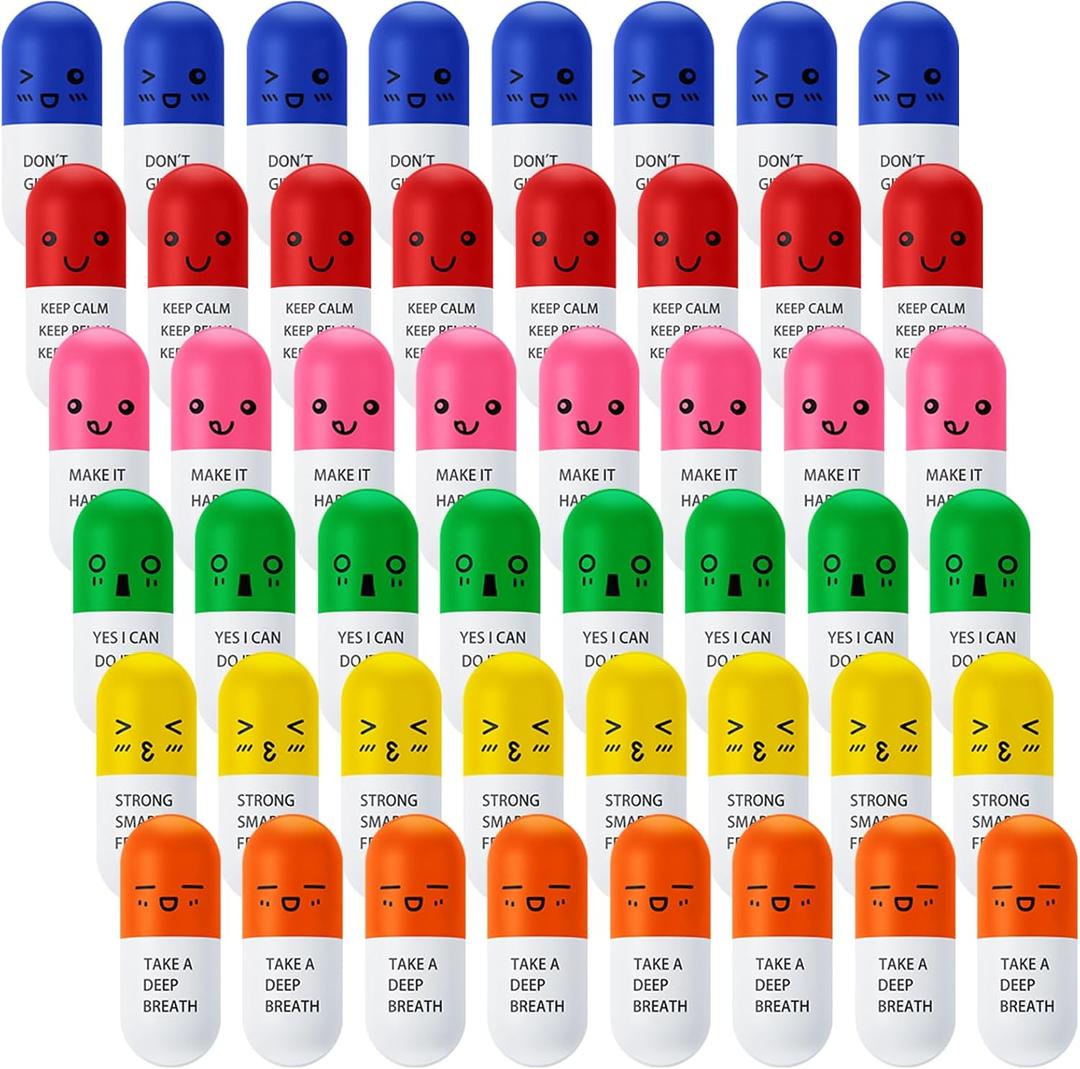 Woanger Vitamin Pill Stress Ball Pill Shaped Foam Motivational Stress Ball for Teens Adults with Smiling Face Cute Cartoon Emotion Nursing Party Supplies for Medical Back to School Gifts(24 Pcs)