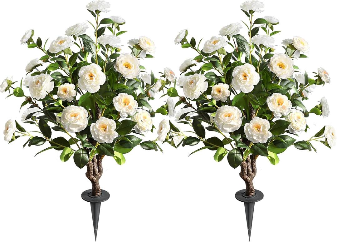Artificial Flower Trees Indoor,  2 Pieces  Faux Floral Plants 36 Inch Faux Blooming Camellia Spike Design White Blossom Outdoor Decoration