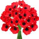 Winlyn 24 pcs Artificial Red Flower Stems PU Real Touch Flower Fake Flowers in Red with Black Center 11.6" Tall for Wedding Bouquets Corsages Centerpiece Floral Arrangements