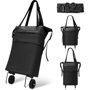 Rolling Duffle Bag with Wheels, Expandable Travel Duffle, Foldable Water-Resistant Shoulder Bag for Men & Women, Lightweight Portable Small Travel Bag for Trips, Camping, Shopping (Black)