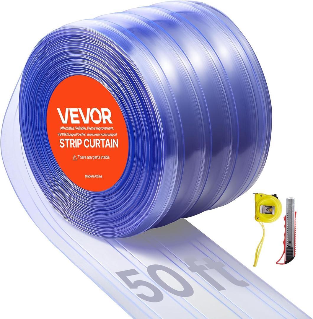 VEVOR Clear PVC Strip Curtain, 50 ft Length x 8 in Width, Ribbed Plastic Door Strip Bulk Roll, Walk in Freezer Cooler Curtain Strips for Doorways of Supermarket, Garage, Warehouse, Pet Animal House