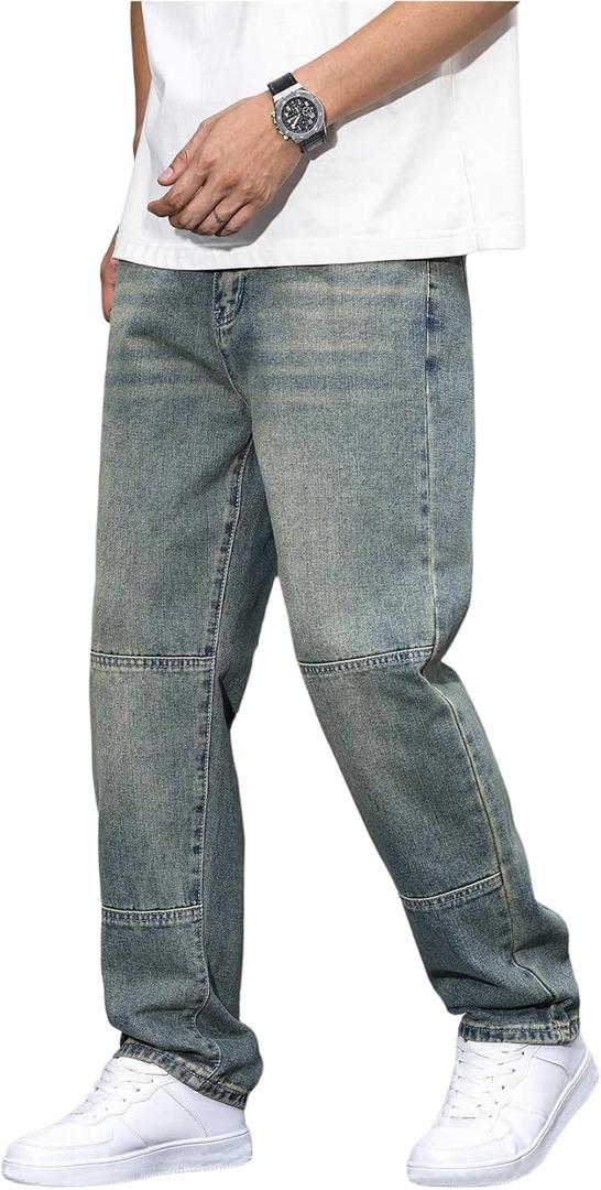 Verdusa Men's Straight Leg Jeans Baggy Denim Pants Vintage High Waist Loose Trousers (Large, Blue)