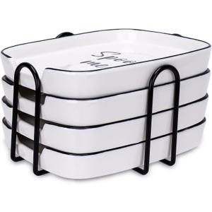 4 Pack White Ceramic Spoon Rest for Stove Top, Durable Spoon Rest Set with Metal Holder, Heat-Resistant Cooking utensils Rest, Large Spoon Rest for Kitchen Counter, Modern Farmhouse Kitchen Dcor