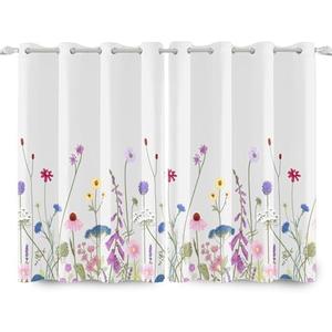 Renaiss Wild Flowers Decorative Window Curtains Grey White Spring Garden Window Treatments Pink Purple Blue White Floral Blackout Drapes for Bedroom Game Living Room Decoration 53x84 Inches 1 Pc