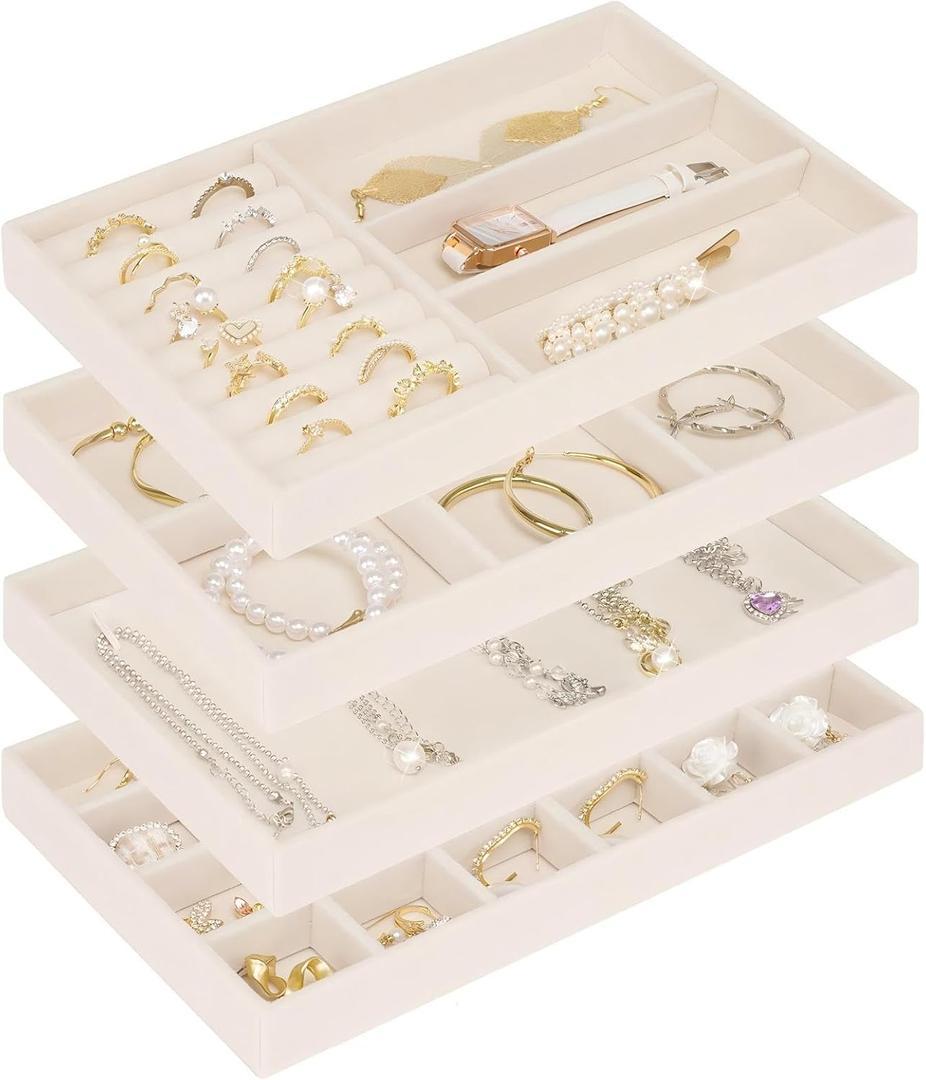 Cirhy Velvet Jewelry Drawer Organizer Trays  Stackable Jewelry Trays for Drawers, Set of 4 Jewelry Organizer for Drawer Inserts, Display Storage Box for Earrings, Rings, Necklaces, Bracelets (beige)