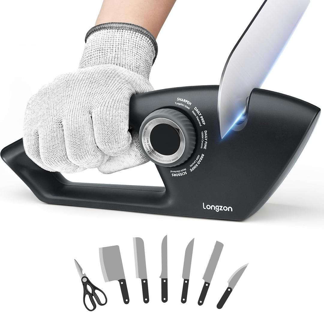 Longzon 6-in-1 Knife Sharpener 5 Stage with Cut-Resistant Glove, Manual Kitchen Tool for Straight & Serrated Knives, Quickly Sharpens Restores & Polishes Dull Blades Safe for Home Kitchen (Black+Grey)