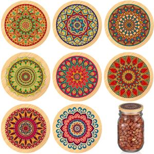 Beeveer 8 Pcs Mason Jar Lids for Regular Mouth Bamboo Mandala Decorative Storage Yogurt Jar Lids 2.76 Inch with Airtight Silicone Sealing Rings Reusable for Round Canning