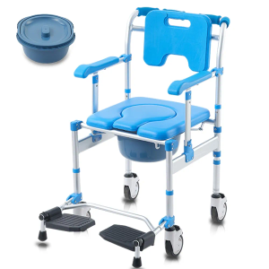 Shower Chair with Wheels Folding Armrests Can Be Upturned Rolling Shower Wheelchair Bedside Commode Chair Toilet with Detachable Bucket for Seniors and Disabled, Weight Capacity 330lbs (Blue)