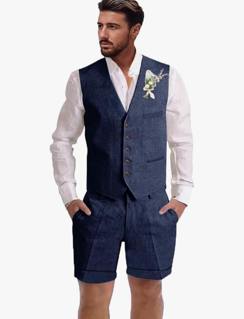 Mens Linen Suit 2 Piece Short Suits for Men Casual Summer Beach Wedding Suit Linen Vest Shorts Set, XXL