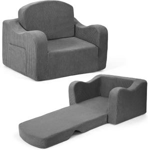 Comfy Toddler Chair for Kids, 2-in-1 Toddler Soft Plush Couch Fold Out, Convertible Kids Couch to Lounger, Baby Sofa for Boys and Girls,Grey