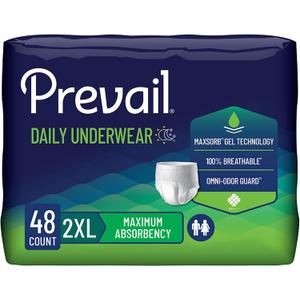 Prevail Daily Unisex Underwear Maximum Disposable Incontinence, 48 ct
Prevail Daily Unisex Underwear Maximum Disposable Incontinence Underwear Pull On with Tear Away Seams 2X-L