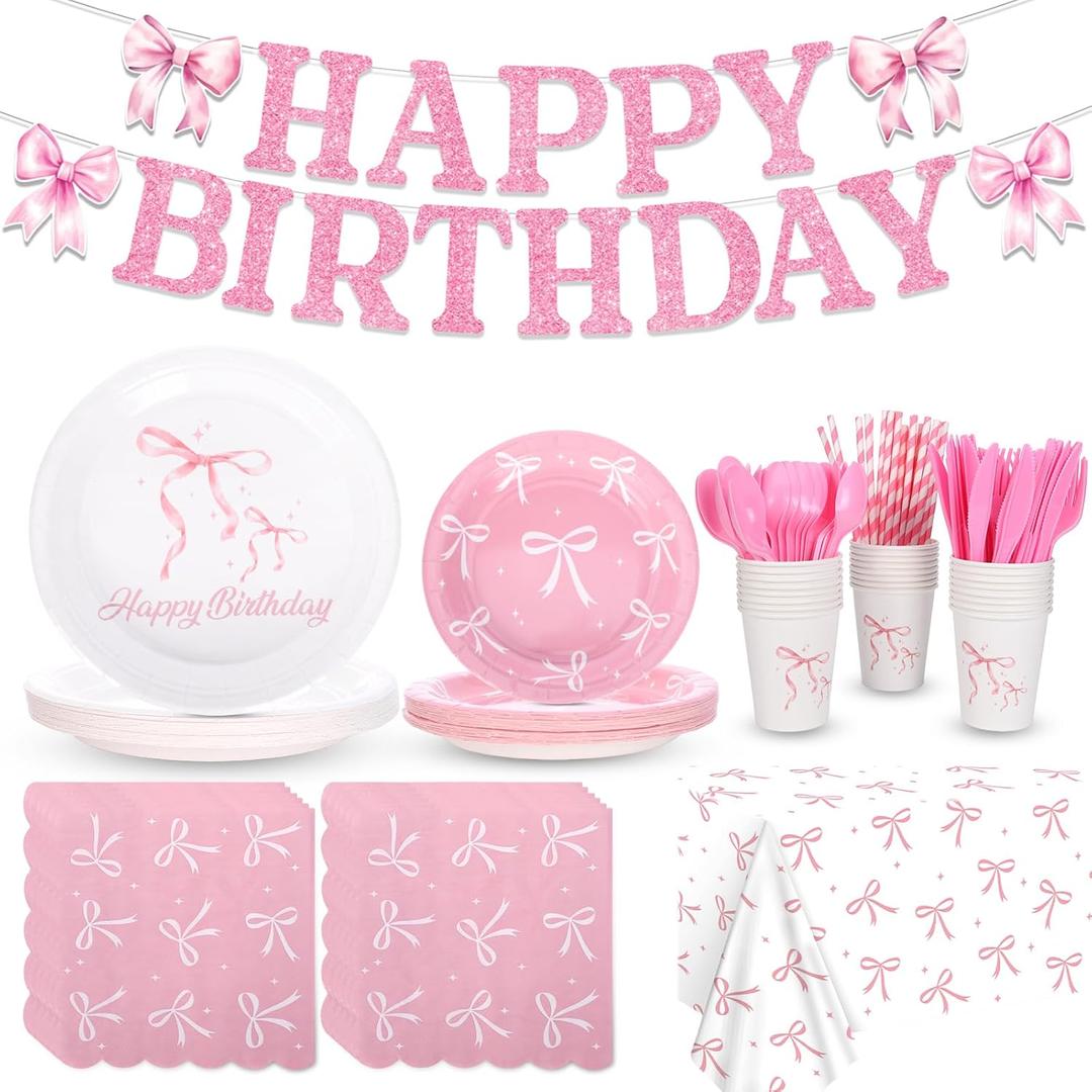 194 Pcs Pink Bow Party Decorations Coquette Birthday Decorations Bow Paper Plates Napkins Cups Forks Tablecloth Banner Bow Theme Tableware Serve 24