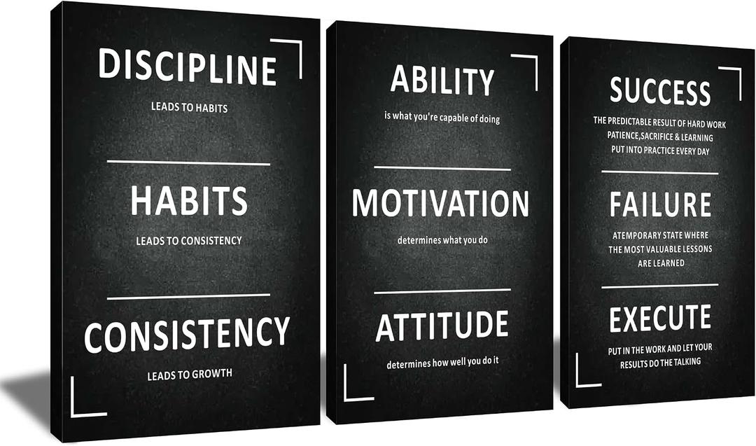 3 Panel Print Canvas Wall Art Motivational Office Wall Decor Discipline Habits Consistency Quotes Picture Posters Artwork for Modern Living Room Workplace Stretched and Framed [48''W x 24''H]