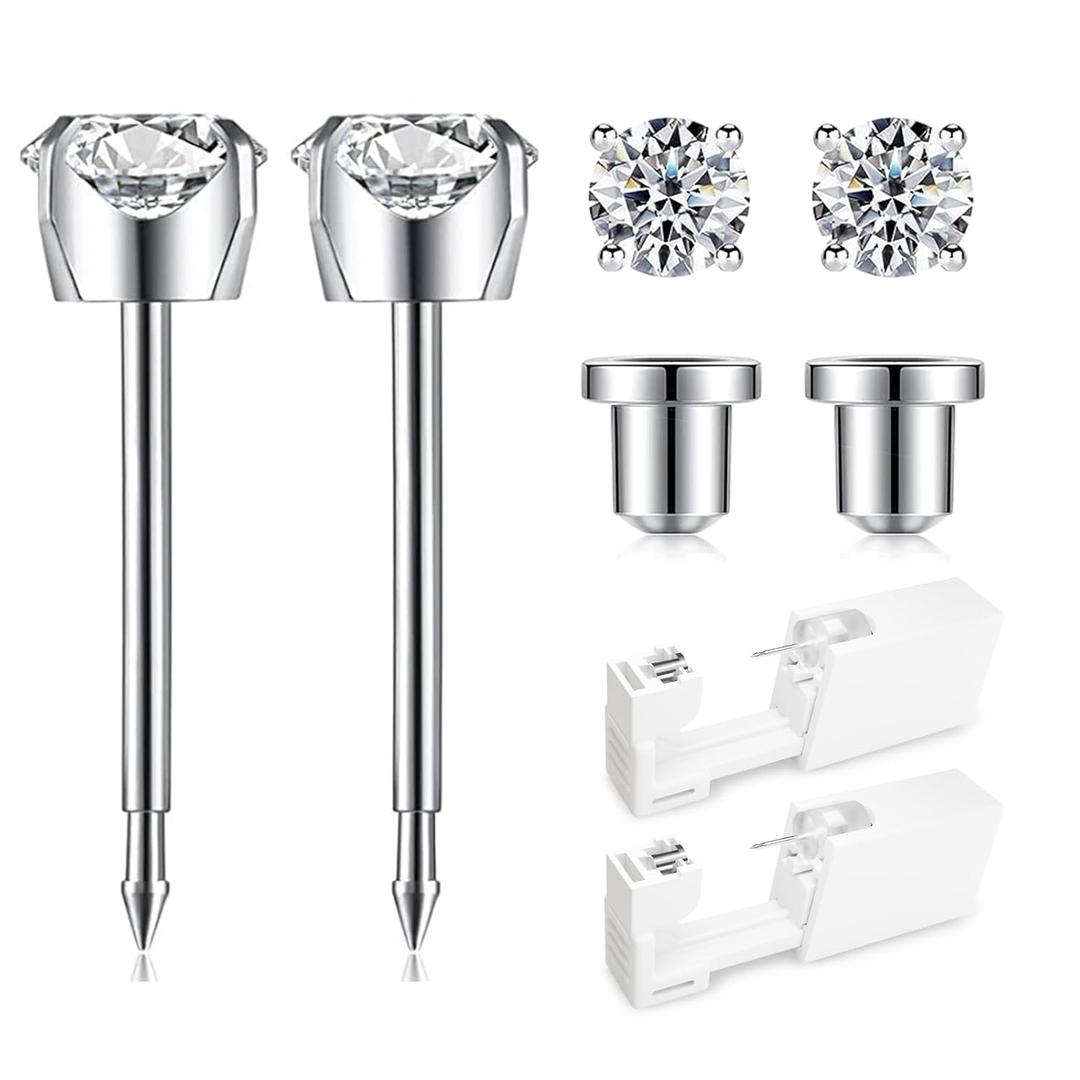Ear Piercing Kit | Disposable Ear Piercing Gun Kit Made in 316L Surgical Stainless Steel 4mm - 4prong Cubic Zirconia | At Home Self Piercing Kit with Earrings Studs (White)