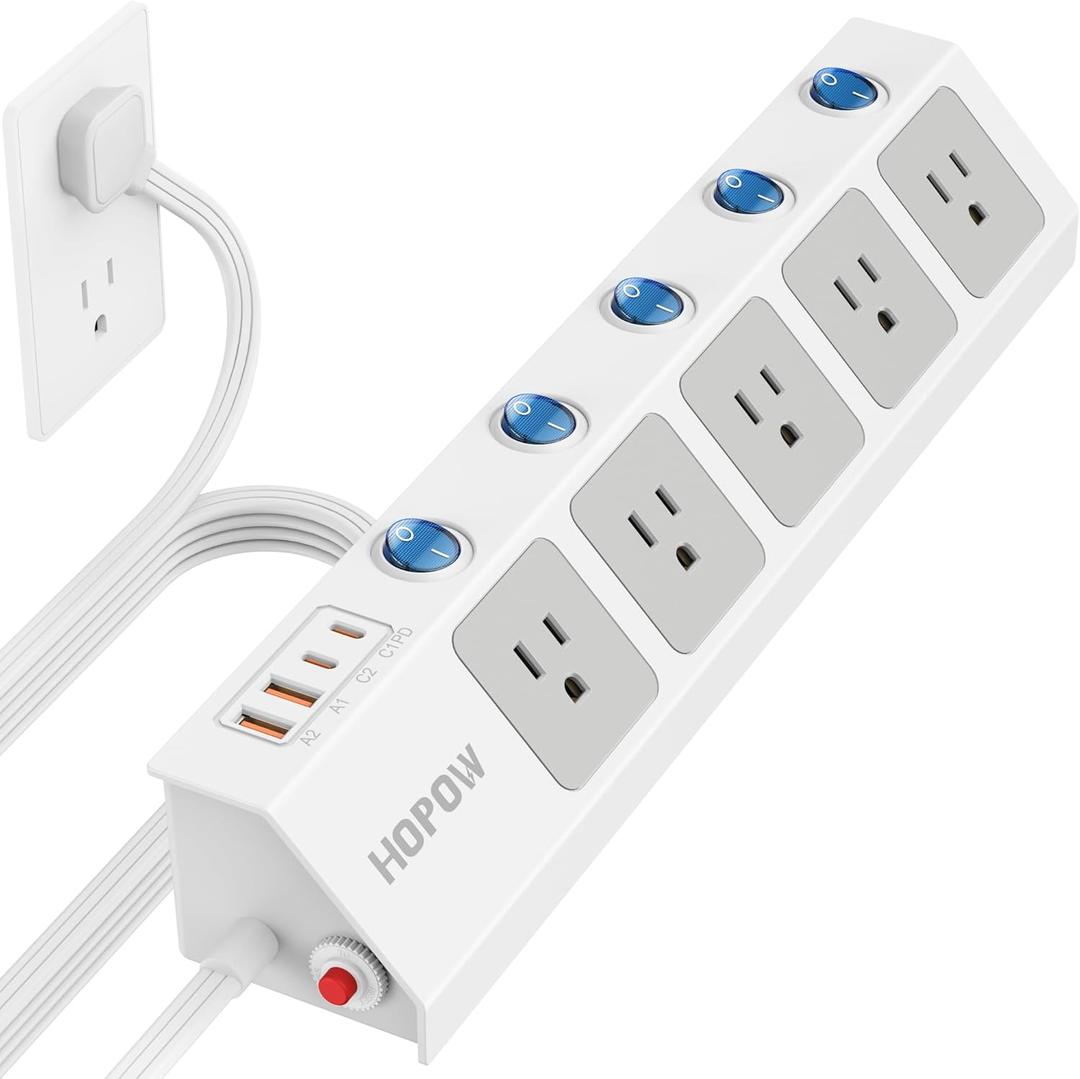 Flat Plug Power Strip with Individual Switches, 10 Ft Ultra Thin Flat Extension Cord, 5-Outlet Surge Protector with 2 USB-C (20W PD) & 2 USB-A, 1700 Joules, Wall Mount for Home Office, White
