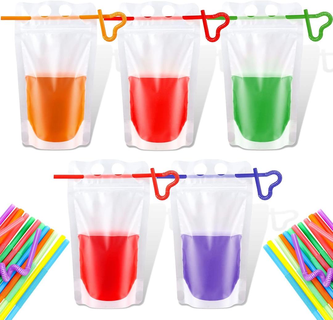 300 Pcs Drink Pouches with 300 Straw, Freezable Juice Pouches for Adults Heavy Duty Hand Held Translucent Reclosable Plastic Smoothie Bags Disposable Bags for Cold Hot Drinks, 400-500 ml