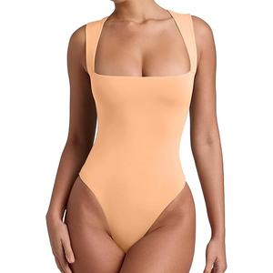 REORIA Butsmooth Womens Sexy Sleeveless Square Neck Double Lined Basic Bodysuit Tank Tops XS