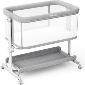 3-in-1 Baby Bassinet Bedside Sleeper with Wheels, 7 Height Settings 7 Height Adjustments, All-Mesh Sides, Mattress & Breathable Sheet, Bedside Crib with Lockable Wheels for Newborns, Gray