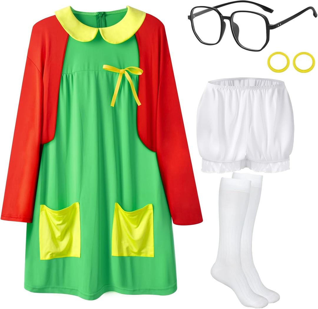 7pcs Women Halloween Costumes Adult, Cute Halloween Costumes for Women Cosplay with Green Dress, Red Cardigan (Large)