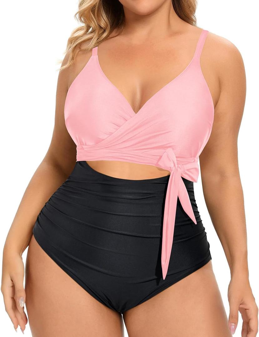 Daci Plus Size One Piece Swimsuit - Tummy Control Bathing Suit for Women Cutout Swimwear (Pink and Black)