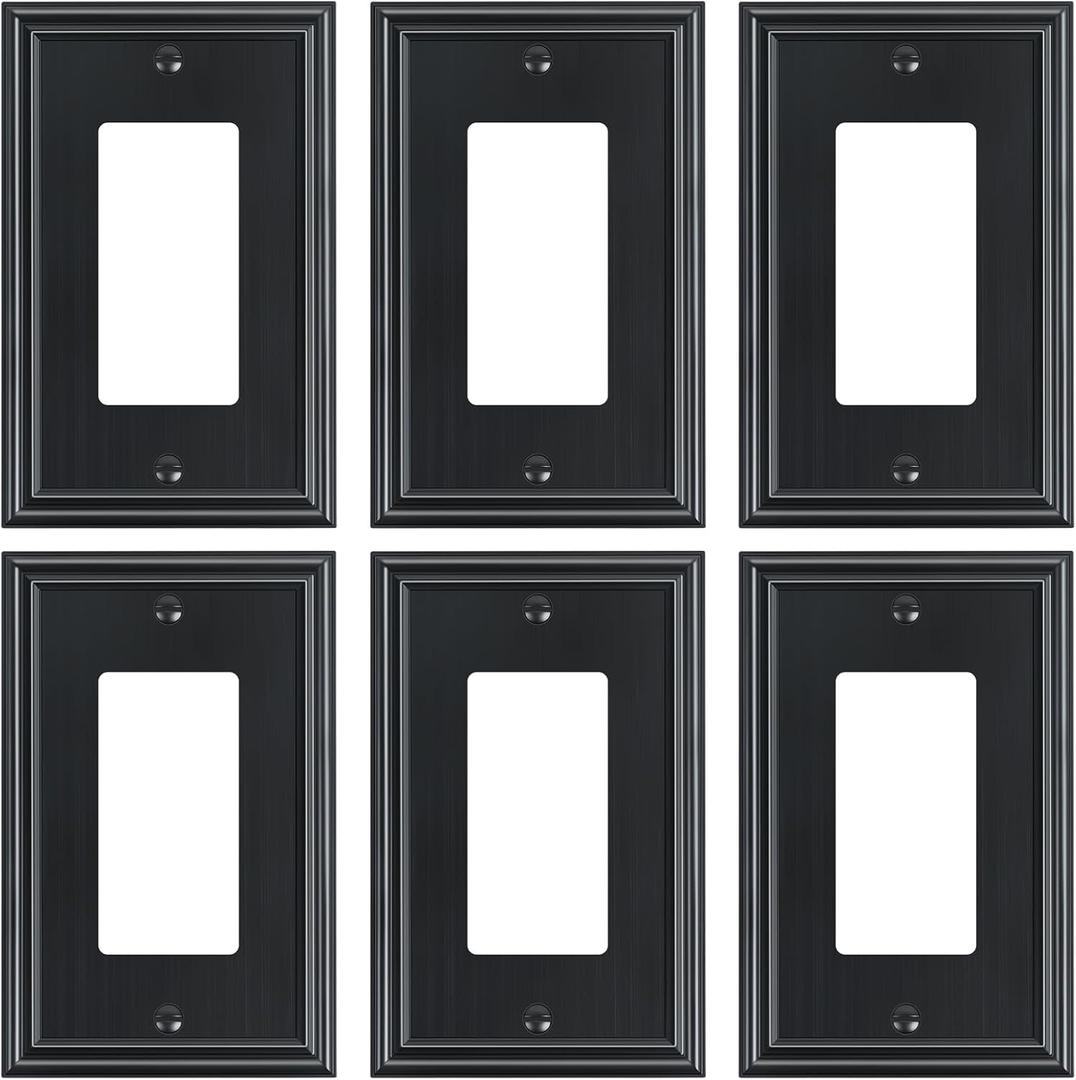 6-Pack Decorator Outlet Cover Plate, Black Decorative Switch Plates and Outlet Covers, Durable Zinc Alloy Wall Plates for Electrical Outlets, Receptacle, GFCI Outlet, Dimmer Switch