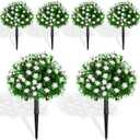 Yunlly Set of 6 Artificial Boxwood Topiary Ball Tree 16 Inch Outdoor Topiary Tree with Flower Fake Bushes, UV Resistance Faux Shrubs Evergreen Plant with Spike for Front Porch Indoor Decor (White)