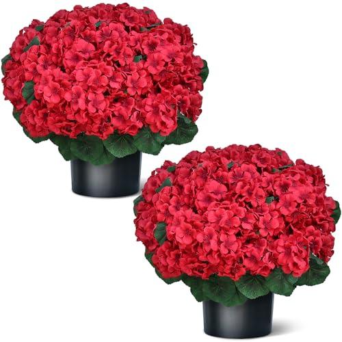 Juxdp 18" Artificial Geraniums Topiary - 2 Set for Front Porch Decor,Faux Silk Flowers Bushes UV Resistant Potted Plants for Outdoor Indoor Door Offices Garden Farmhouse Home Decor (Red)