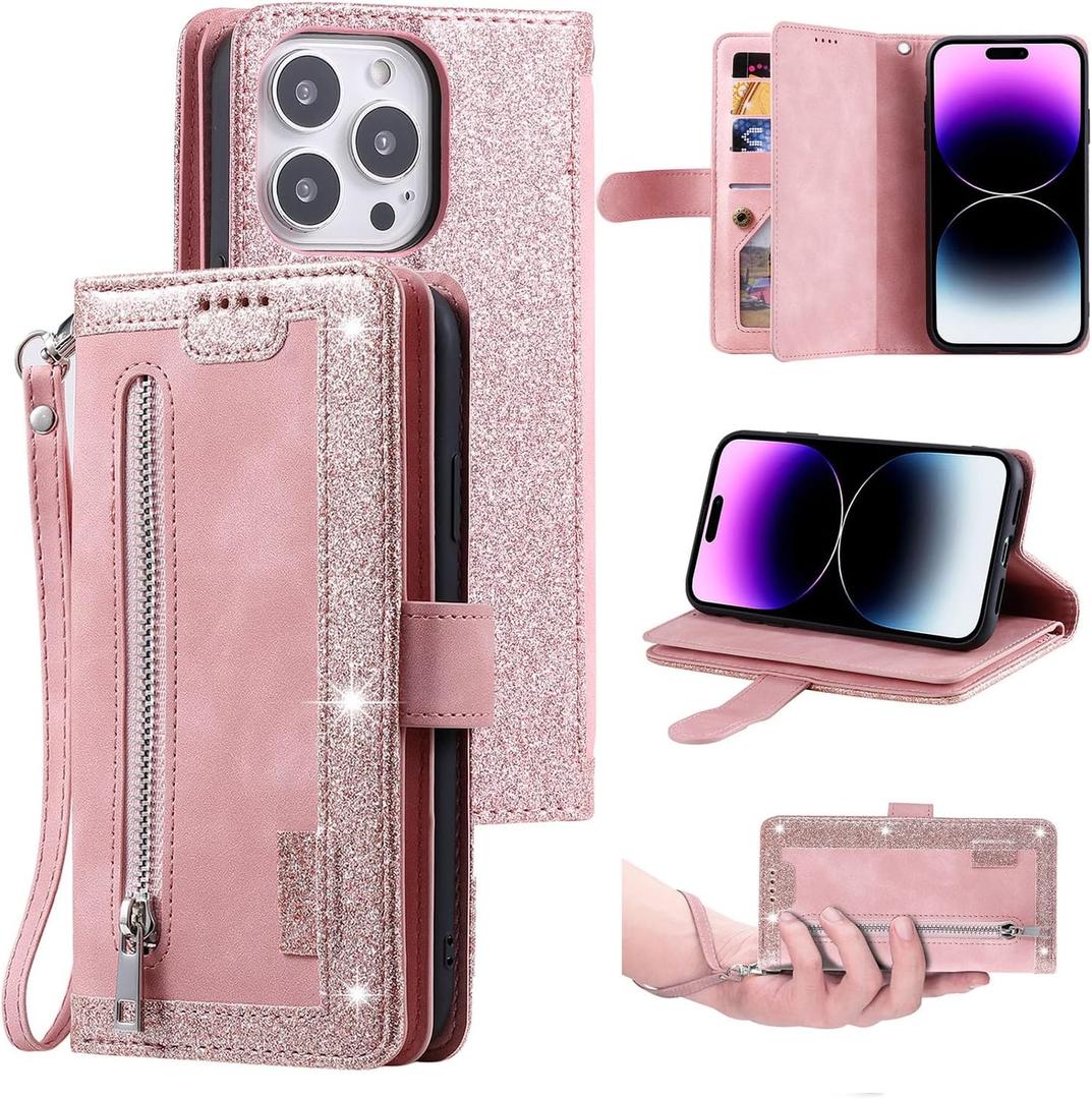 UEEBAI Wallet Case for iPhone 14 Pro 6.1 inch, Retro 9 Card Holder Slots Zipper Pocket Handbag Case Magnetic Closure Kickstand with Wrist Strap TPU Shockproof Flip Case - Rose Gold