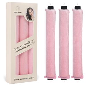 Luckybear Jumbo Heatless Hair Curler, 3pcs Pink Satin Flexi Rods - Heatless Curls, Soft Velvet Overnight Sleeping Curls Styling Tools for All Hair Types