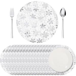 Vesici 50 Pcs Silver Snowflake Placemats 13 Inch Snowflake Winter Round Place Mats Metallic Glitter Foil Mesh Table Mat for Holiday Christmas Home Party Decoration