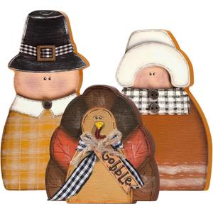 3 Pcs Fall Thanksgiving Decorations Fall Wooden Turkey Pilgrim Couple Table Sign Thanksgiving Standing Tabletop Decor for Autumn Harvest Indoor Tabletop (Cute Turkey)