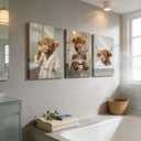 3Pcs Funny Bathroom Highland Cow Canvas Wall Art Animal Bathroom Paintings Pictures Wall Decor Rustic Farmhouse Brown Cute Cow Poster Printing Artwork for Restroom Toilet Home Decoration