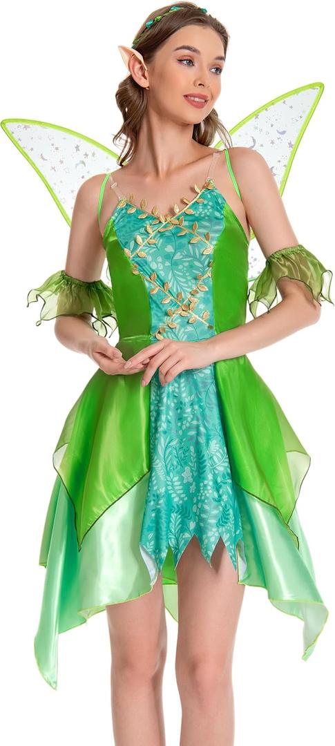 Adult Women Green Fairy Princess Dress with Wings & Ears, Elf Headpiece - Halloween Costume (Green, M)