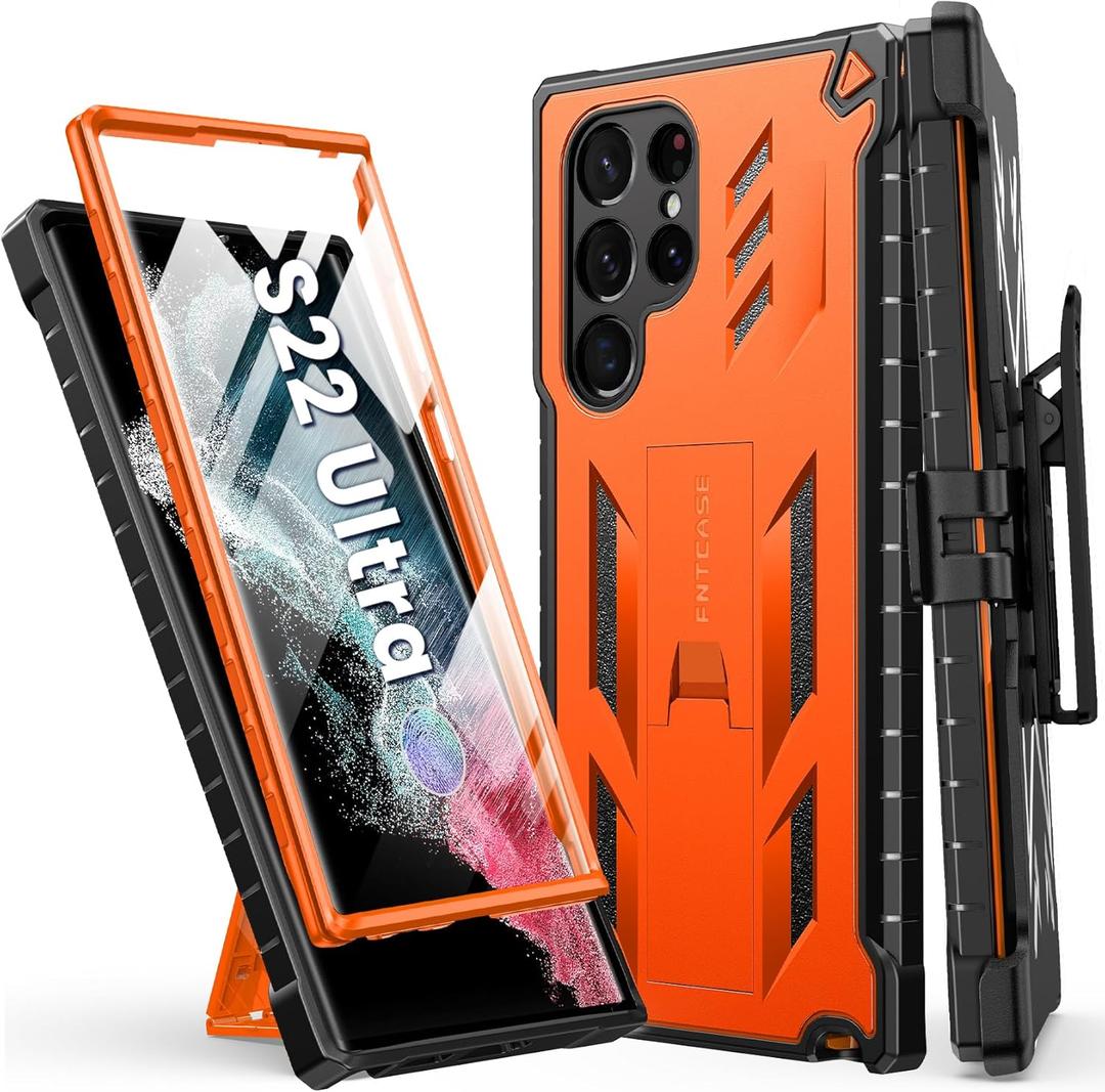 FNTCASE for Samsung Galaxy S22 Ultra Case: Built-in Screen Protector & Kickstand & Belt-Clip Holster, Full-Body Dual Layer Rugged Heavy Duty Shockproof Protective Phone Cover-Orange