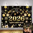 7x5ft 2026 Happy New Year Backdrop Glitter Black and Gold New Years Eve Photography Background New Years Holiday Party Decoration Photo Booth Props Banner Favor