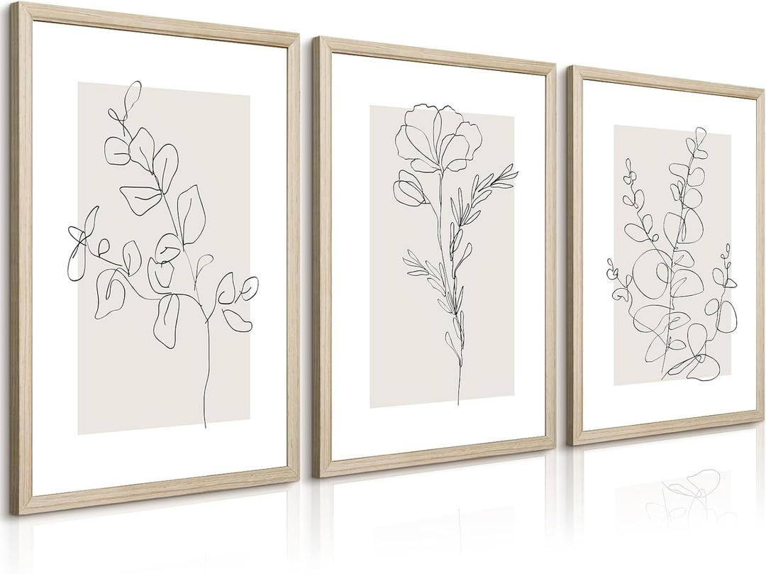 Neutral Botanical Prints Wall Art Flower Minimalist Canvas Wall Decor Vintage Line Wall Art Floral Plant Painting Pictures Beige Boho Artwork Farmhouse Poster for Bedroom 12x16x3 Inch Wood Framed