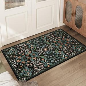 2x3 Floral Washable Area Rug for Kitchen, Non-Slip Soft Vintage Boho Carpet, Botanical Forest Green Small Low Pile Rugs for Bedroom, Entryway, Home Office, Dorm, Black and Green