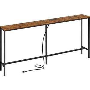 SUPERJARE 70 Inch Console Table with Outlet, Sofa Table with Charging Station, Narrow Entryway Table, Skinny Hallway Table, for Living Room, Rustic Brown