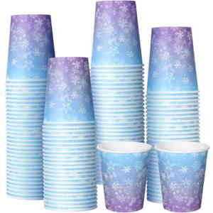 ReliThick 100 Pcs Snowflake Paper Cups Bulk 9 oz Disposable Snowflake Coffee Drinking Paper Cups Blue and Purple Party Favors for Holiday Birthday Wonderland Party Supplies