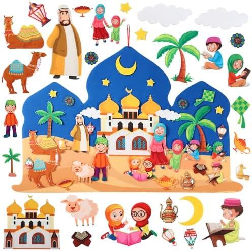 Breling DIY Felt Eid Al-adha Crafts for Kids 3x2 ft Mosque Scene Eid Mubarak Craft with 31 Detachable Mosque Moon Star Ornaments for Kid Toddler Muslim Ramadan Islamic Gift Wall Hanging Decoration